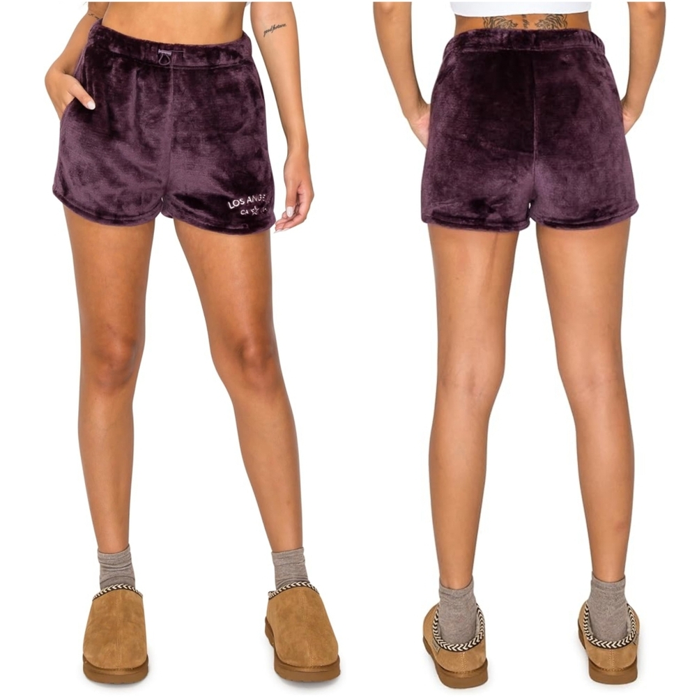 NEW! ANGEL KISS Purple Sherpa Fleece Los Angeles CA Embroidered Shorts XS